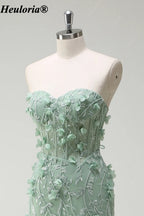 HEULORIA Sage Green Strapless Floral Mermaid Prom Dress with Slit ED-356