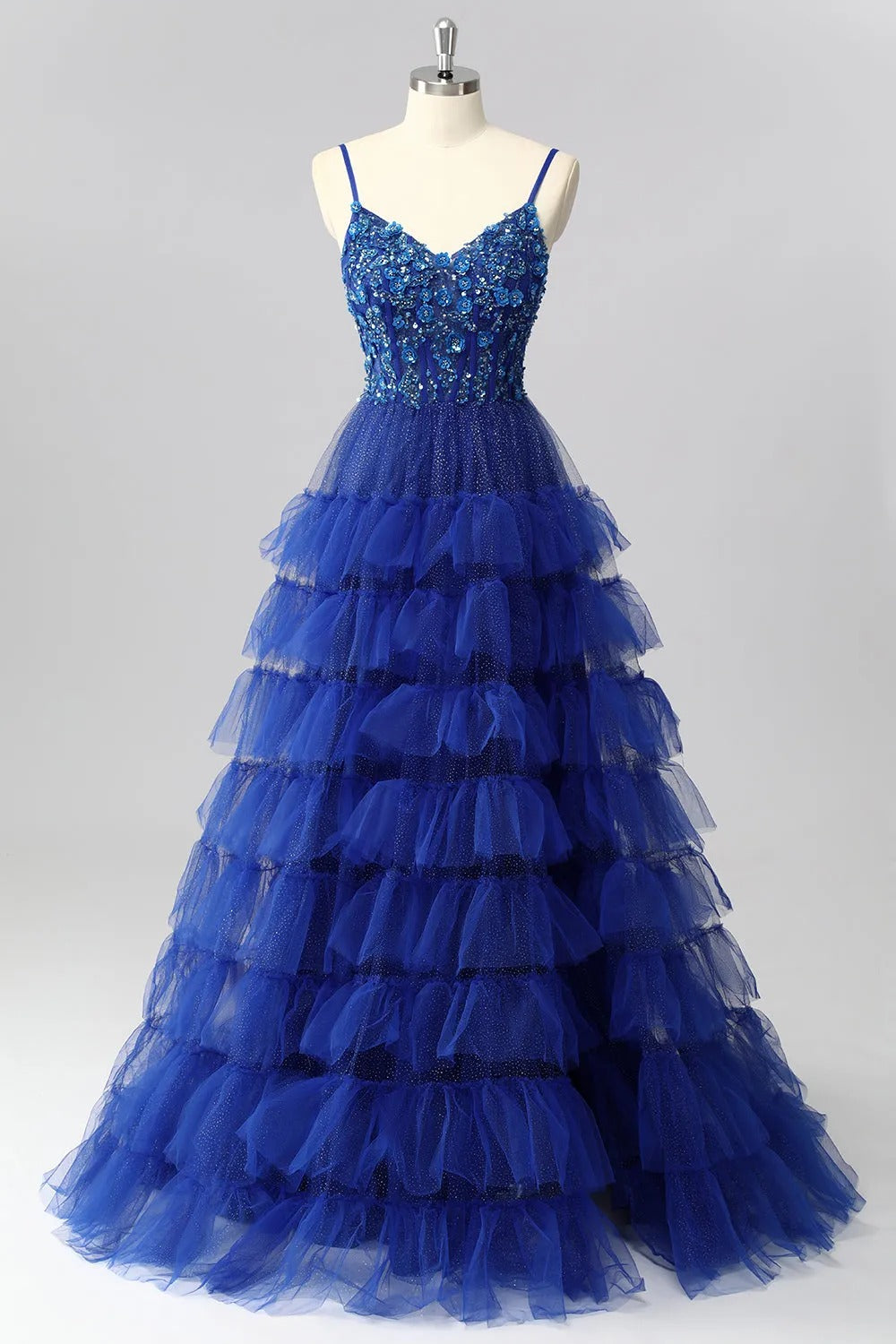 HEULORIA Royal Blue Tiered Tulle Prom Dress - 3D Floral Appliqué Corset Gown with Lace-Up Back ED-223