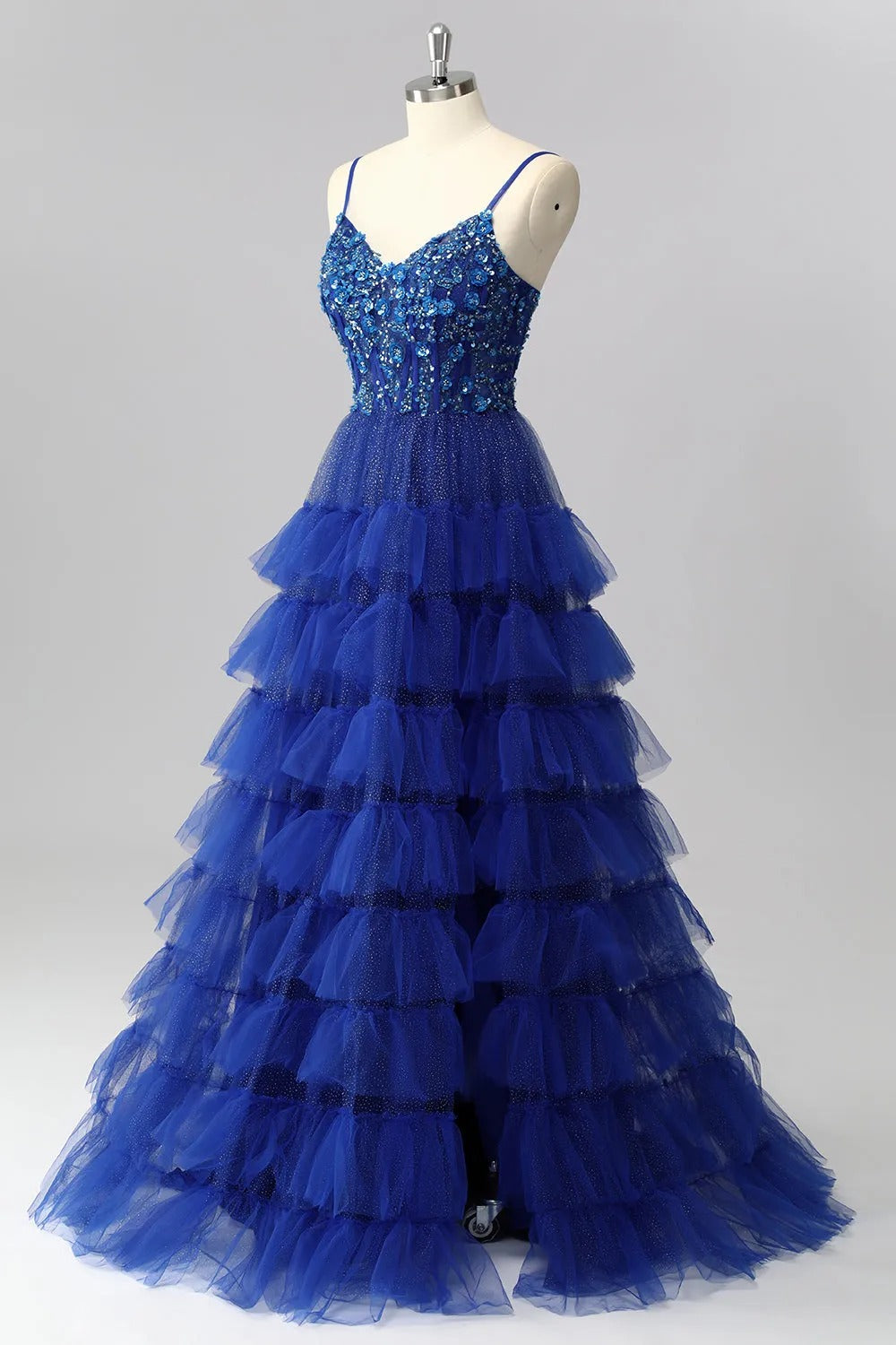 HEULORIA Royal Blue Tiered Tulle Prom Dress - 3D Floral Appliqué Corset Gown with Lace-Up Back ED-223