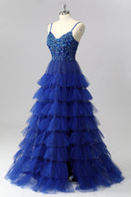 HEULORIA Royal Blue Tiered Tulle Prom Dress - 3D Floral Appliqué Corset Gown with Lace-Up Back ED-223