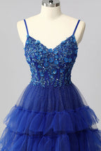 HEULORIA Royal Blue Tiered Tulle Prom Dress - 3D Floral Appliqué Corset Gown with Lace-Up Back ED-223