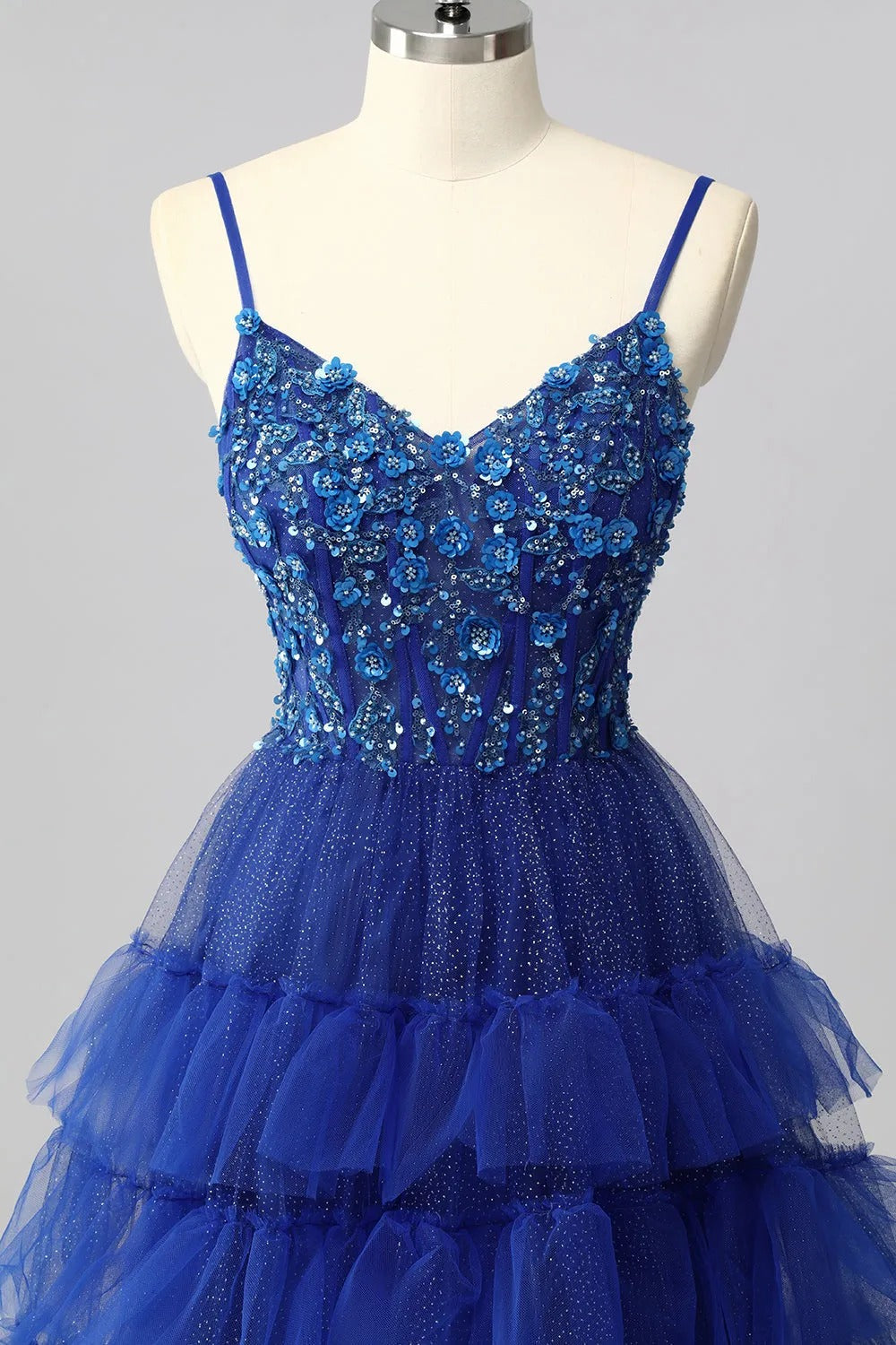 HEULORIA Royal Blue Tiered Tulle Prom Dress - 3D Floral Appliqué Corset Gown with Lace-Up Back ED-223