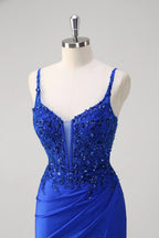 HEULORIA Stunning Royal Blue Sequin Lace Mermaid Prom Dress - Plunging V-Neck with Side Slit ED-213