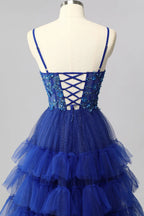 HEULORIA Royal Blue Tiered Tulle Prom Dress - 3D Floral Appliqué Corset Gown with Lace-Up Back ED-223