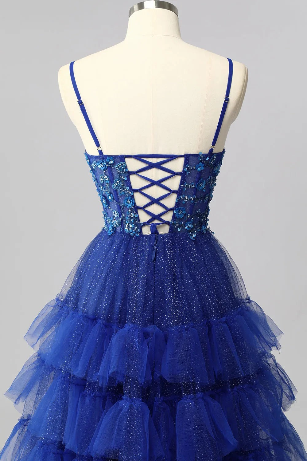 HEULORIA Royal Blue Tiered Tulle Prom Dress - 3D Floral Appliqué Corset Gown with Lace-Up Back ED-223