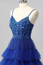 HEULORIA Royal Blue Tiered Tulle Prom Dress - 3D Floral Appliqué Corset Gown with Lace-Up Back ED-223