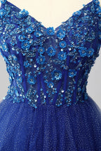 HEULORIA Royal Blue Tiered Tulle Prom Dress - 3D Floral Appliqué Corset Gown with Lace-Up Back ED-223