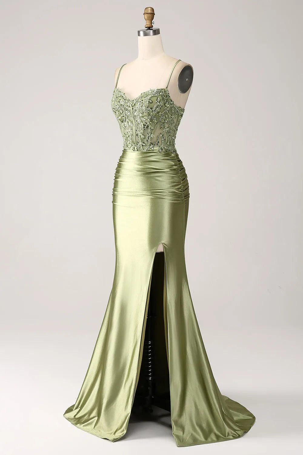 Sage Green Beaded Corset Prom Dress