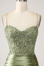 HEULORIA Sage Green Beaded Corset Satin Prom Dress with High Slit and Lace-Up Back ED-217