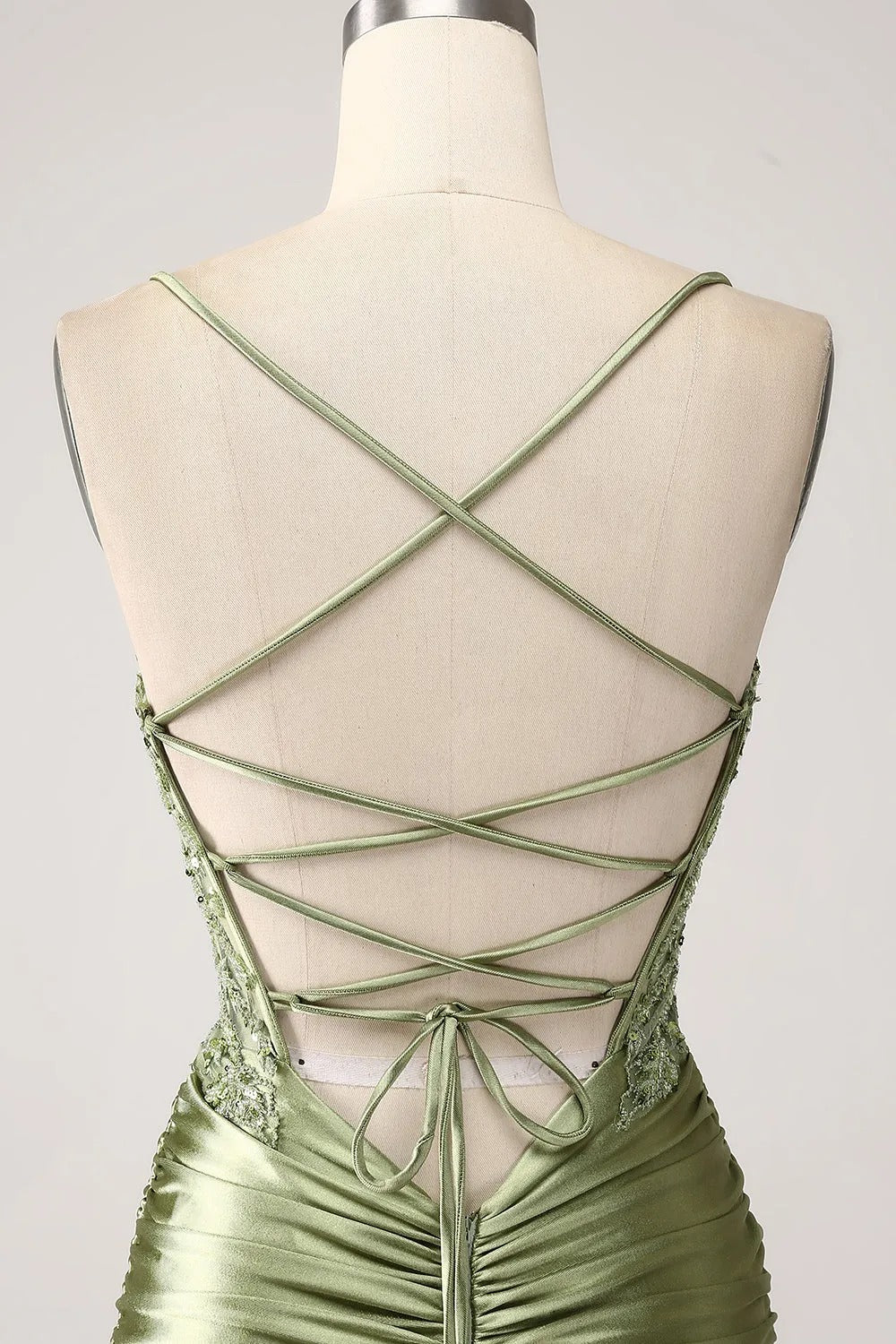 HEULORIA Sage Green Beaded Corset Satin Prom Dress with High Slit and Lace-Up Back ED-217