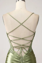 HEULORIA Sage Green Beaded Corset Satin Prom Dress with High Slit and Lace-Up Back ED-217