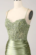 HEULORIA Sage Green Beaded Corset Satin Prom Dress with High Slit and Lace-Up Back ED-217