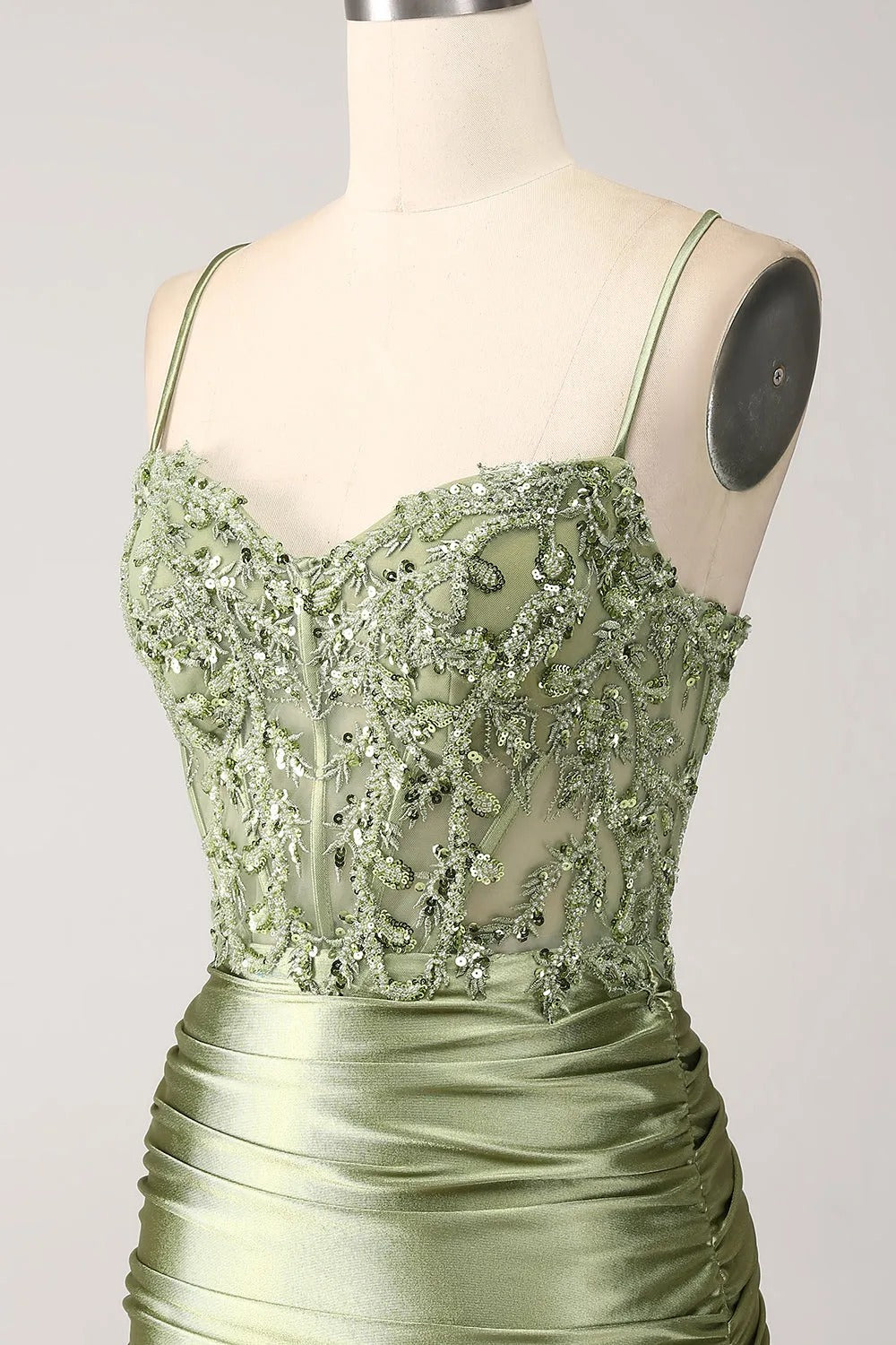 HEULORIA Sage Green Beaded Corset Satin Prom Dress with High Slit and Lace-Up Back ED-217