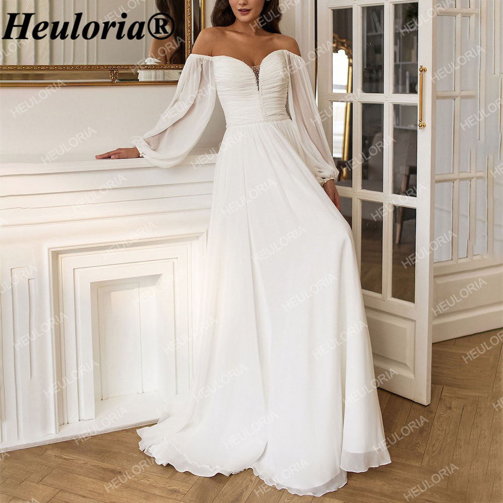 HEULORIA Romantic Off-the-Shoulder Long Sleeve Chiffon Wedding Dress with Ruched Bodice AL-QK154