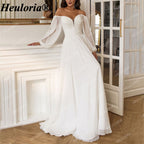 HEULORIA Romantic Off-the-Shoulder Long Sleeve Chiffon Wedding Dress with Ruched Bodice AL-QK154