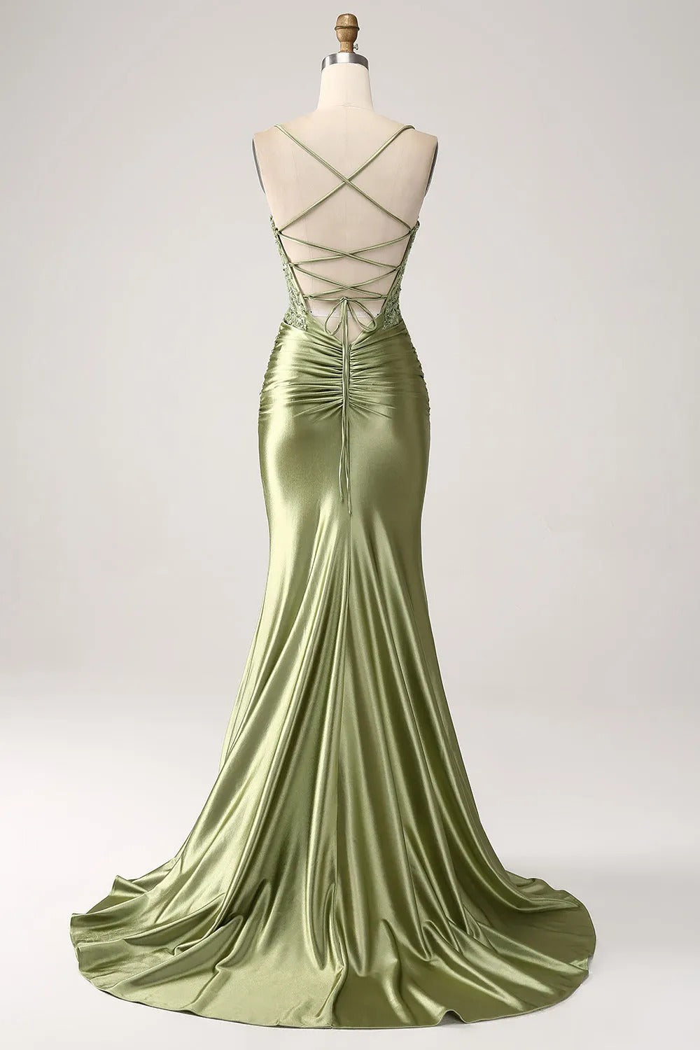 HEULORIA Sage Green Beaded Corset Satin Prom Dress with High Slit and Lace-Up Back ED-217