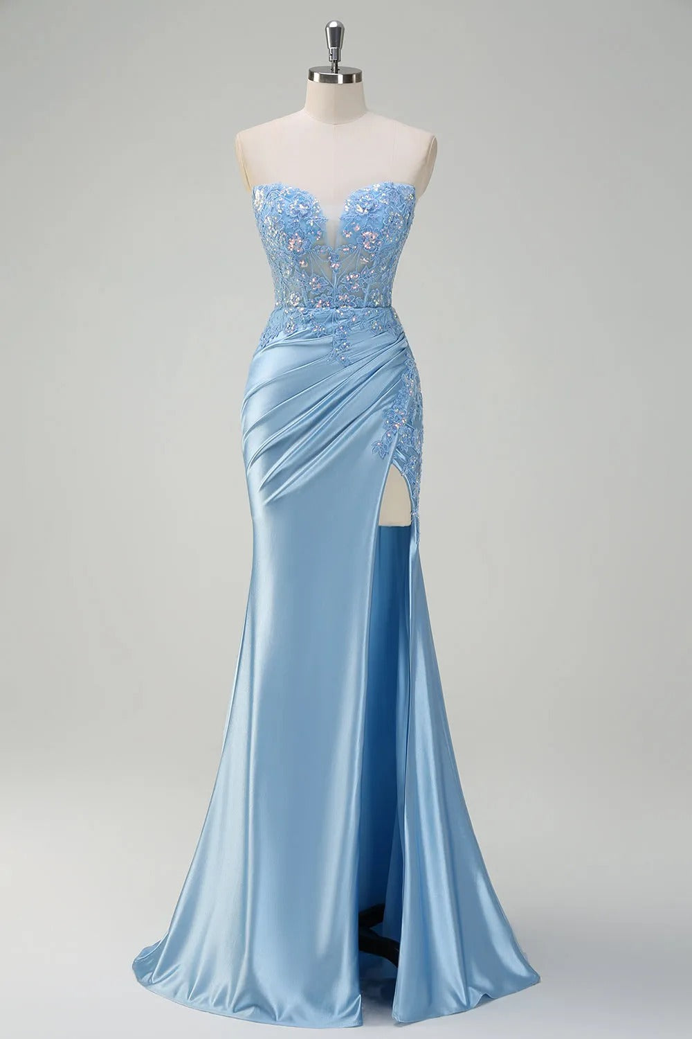 HEULORIA Elegant Light Blue Strapless Satin Prom Dress with Lace Appliques and High Slit ED-358