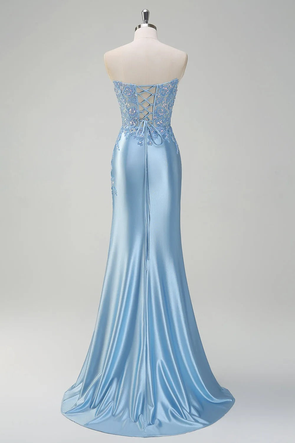 HEULORIA Elegant Light Blue Strapless Satin Prom Dress with Lace Appliques and High Slit ED-358