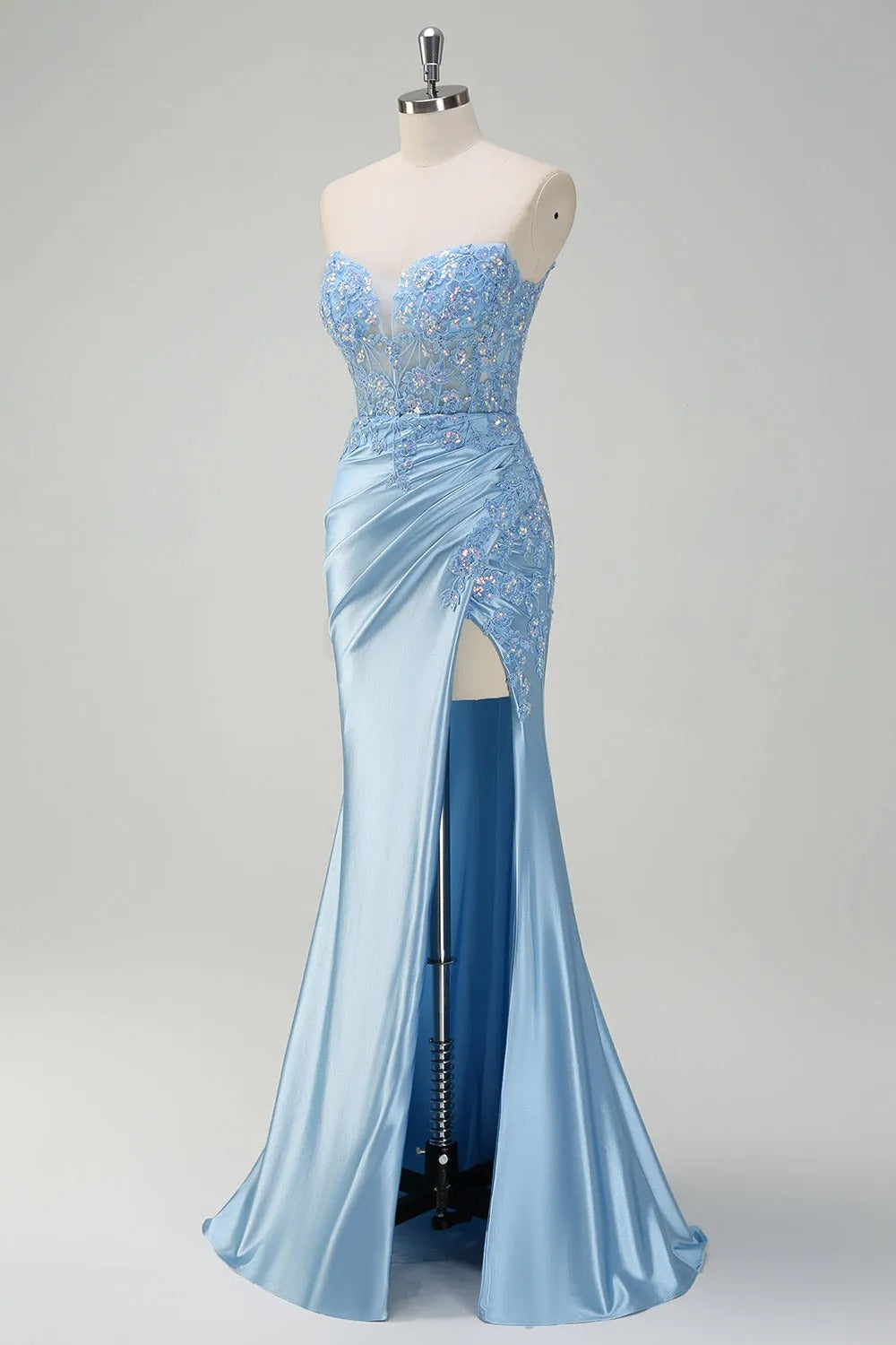 HEULORIA Elegant Light Blue Strapless Satin Prom Dress with Lace Appliques and High Slit ED-358