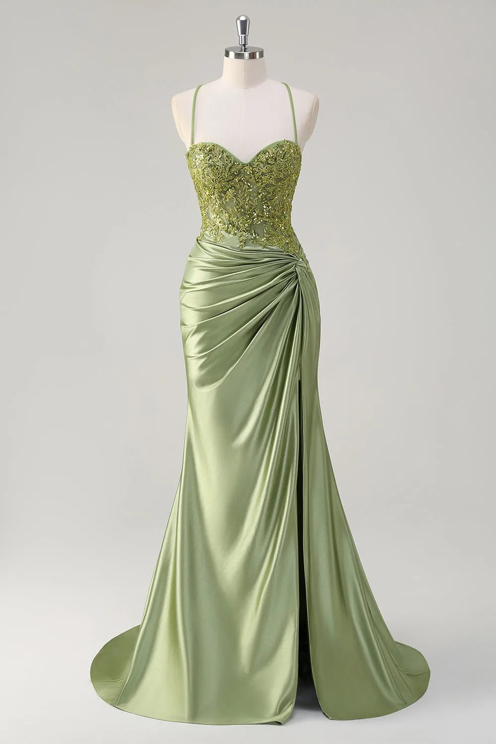 HEULORIA Sage Green Lace Applique Prom Dress: Spaghetti Straps Sweetheart Neckline with Side Slit ED-216