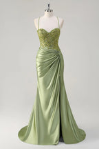HEULORIA Sage Green Lace Applique Prom Dress: Spaghetti Straps Sweetheart Neckline with Side Slit ED-216