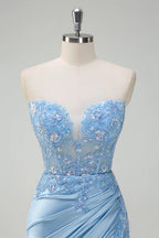 HEULORIA Elegant Light Blue Strapless Satin Prom Dress with Lace Appliques and High Slit ED-358