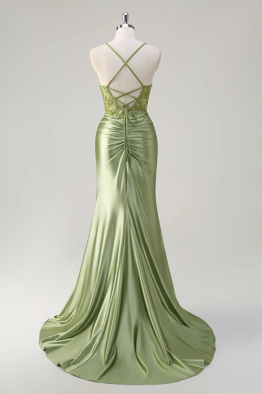 HEULORIA Sage Green Lace Applique Prom Dress: Spaghetti Straps Sweetheart Neckline with Side Slit ED-216