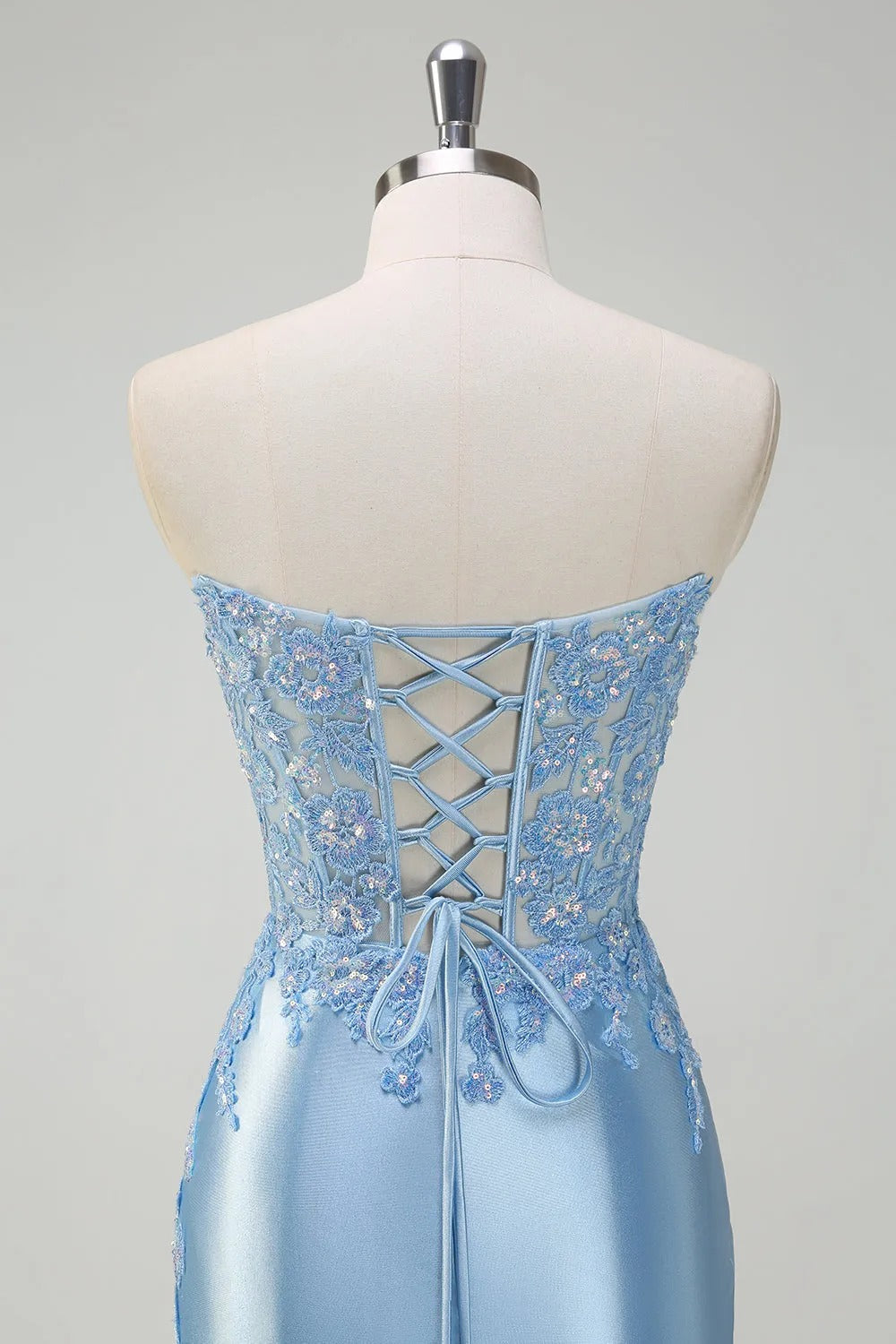 HEULORIA Elegant Light Blue Strapless Satin Prom Dress with Lace Appliques and High Slit ED-358