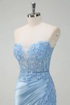 HEULORIA Elegant Light Blue Strapless Satin Prom Dress with Lace Appliques and High Slit ED-358