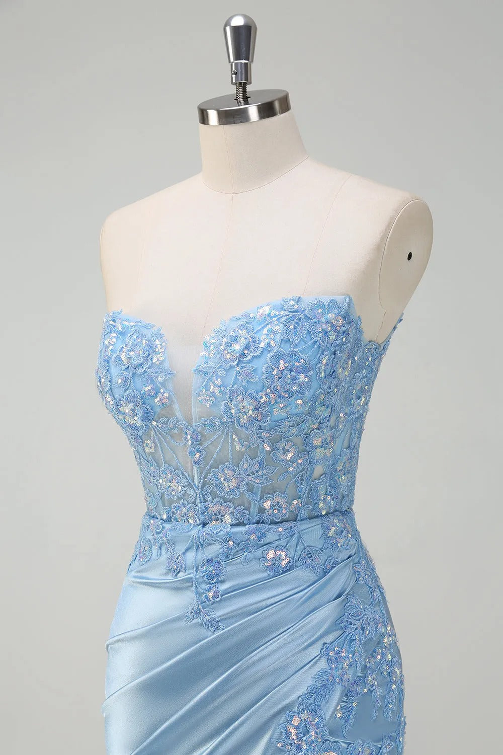 HEULORIA Elegant Light Blue Strapless Satin Prom Dress with Lace Appliques and High Slit ED-358