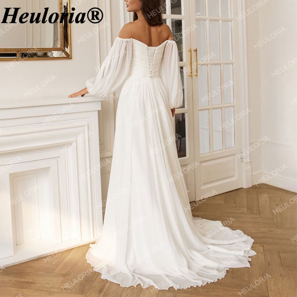 HEULORIA Romantic Off-the-Shoulder Long Sleeve Chiffon Wedding Dress with Ruched Bodice AL-QK154