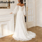 HEULORIA Romantic Off-the-Shoulder Long Sleeve Chiffon Wedding Dress with Ruched Bodice AL-QK154