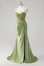 HEULORIA Sage Green Lace Applique Prom Dress: Spaghetti Straps Sweetheart Neckline with Side Slit ED-216