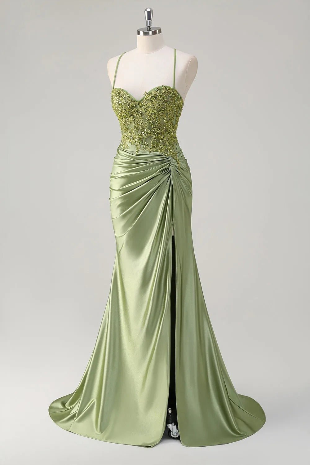 HEULORIA Sage Green Lace Applique Prom Dress: Spaghetti Straps Sweetheart Neckline with Side Slit ED-216