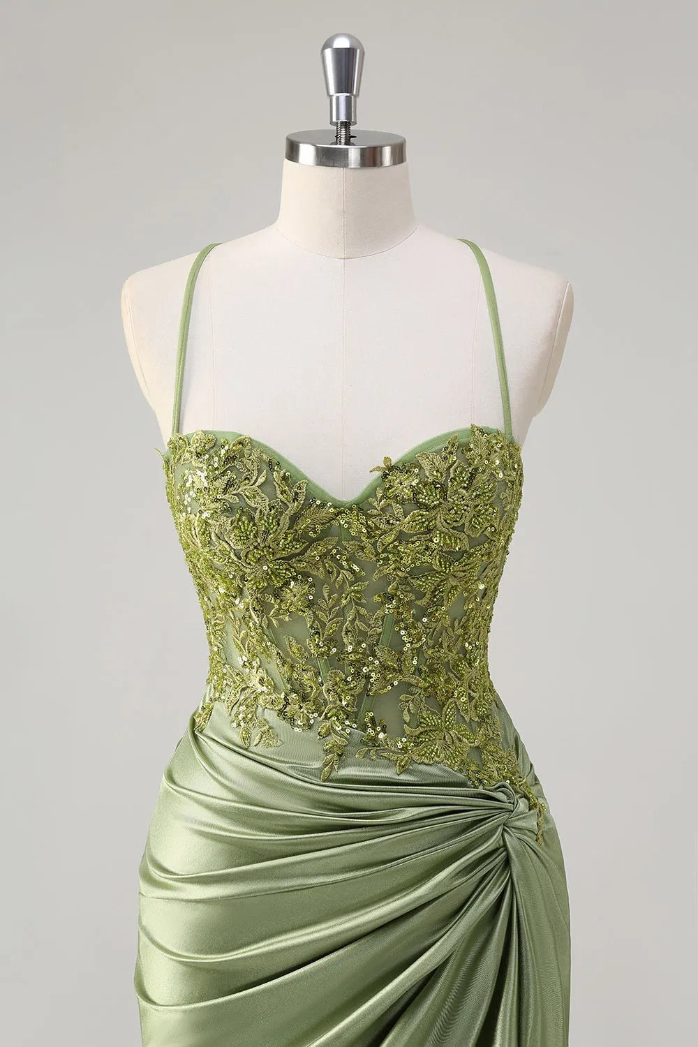 HEULORIA Sage Green Lace Applique Prom Dress: Spaghetti Straps Sweetheart Neckline with Side Slit ED-216