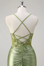 HEULORIA Sage Green Lace Applique Prom Dress: Spaghetti Straps Sweetheart Neckline with Side Slit ED-216