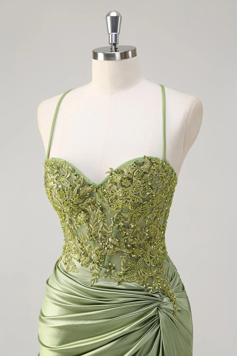 HEULORIA Sage Green Lace Applique Prom Dress: Spaghetti Straps Sweetheart Neckline with Side Slit ED-216