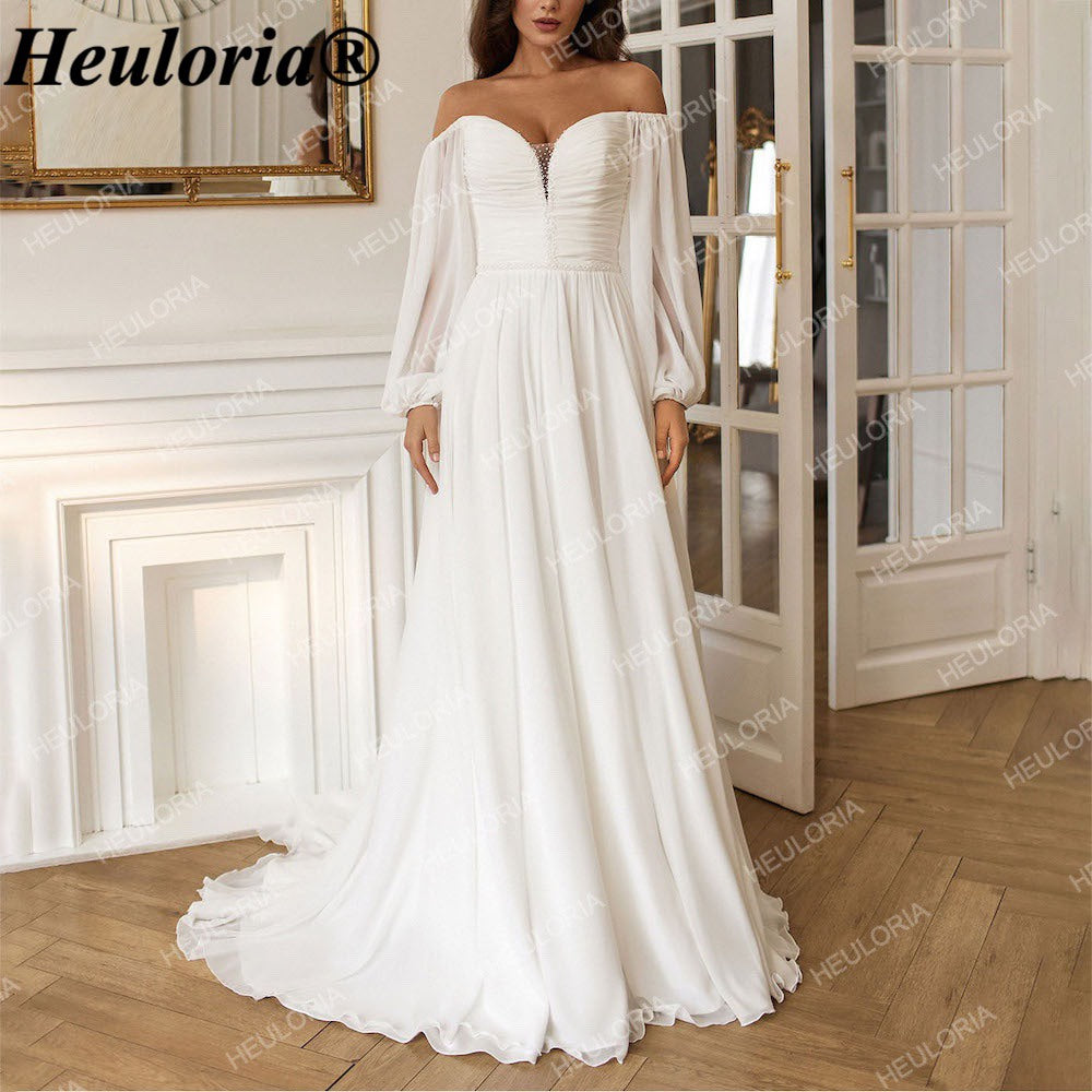 HEULORIA Romantic Off-the-Shoulder Long Sleeve Chiffon Wedding Dress with Ruched Bodice AL-QK154