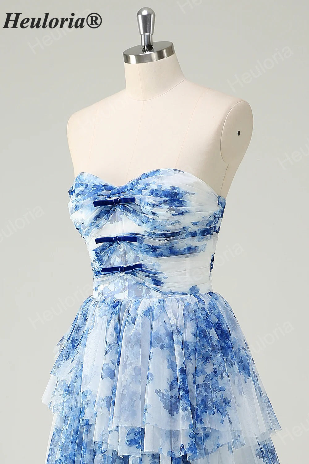 Heuloria Enchanted Garden Watercolor Floral Strapless Tiered Tulle Ball Gown with Velvet Bows ED-657