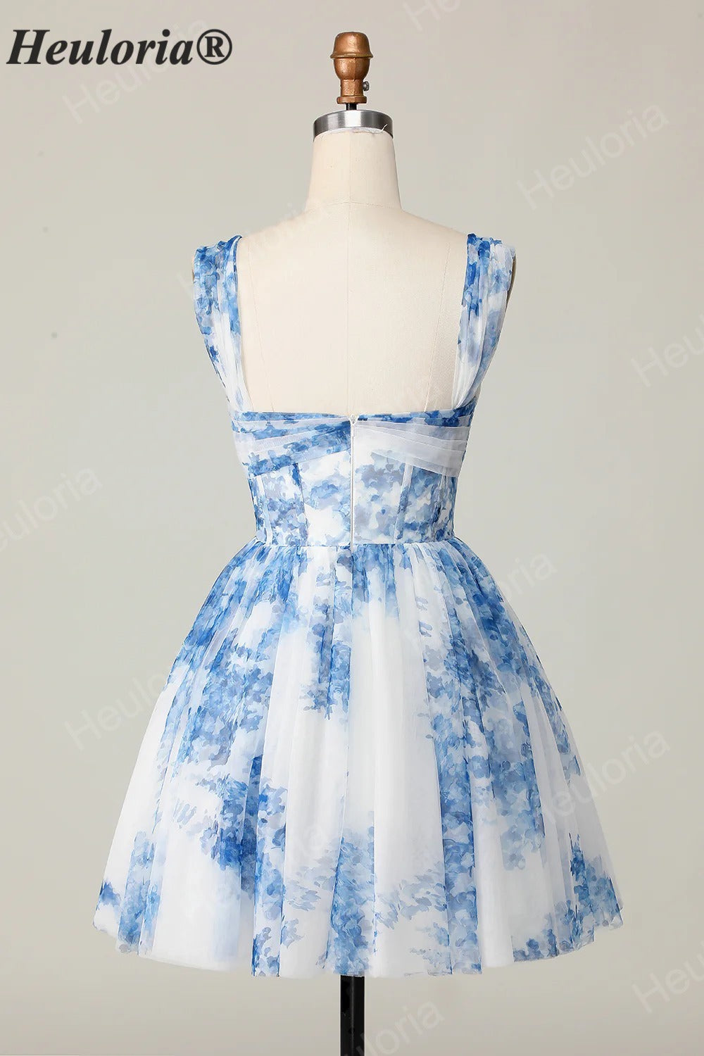 HEULORIA French Chic Blue and White Floral Tulle Mini Party Dress - Convertible Off-the-Shoulder A-Line Cocktail Gown ED-656