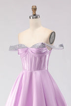 HEULORIA Elegant Lavender Off-The-Shoulder Satin Prom Dress with Sequin Trim and Corset Bodice A-Line Evening Gown ED-500