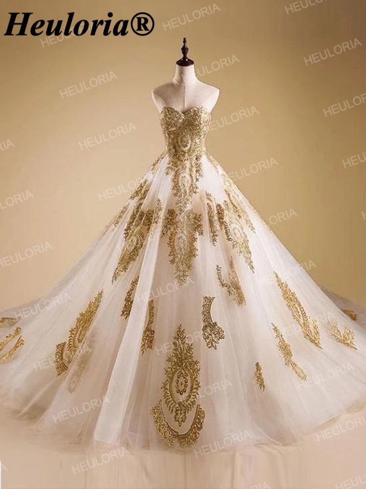 Luxury Gold Embroidered Sweetheart Ball Gown Wedding Dress with Cathedral Train BA-244