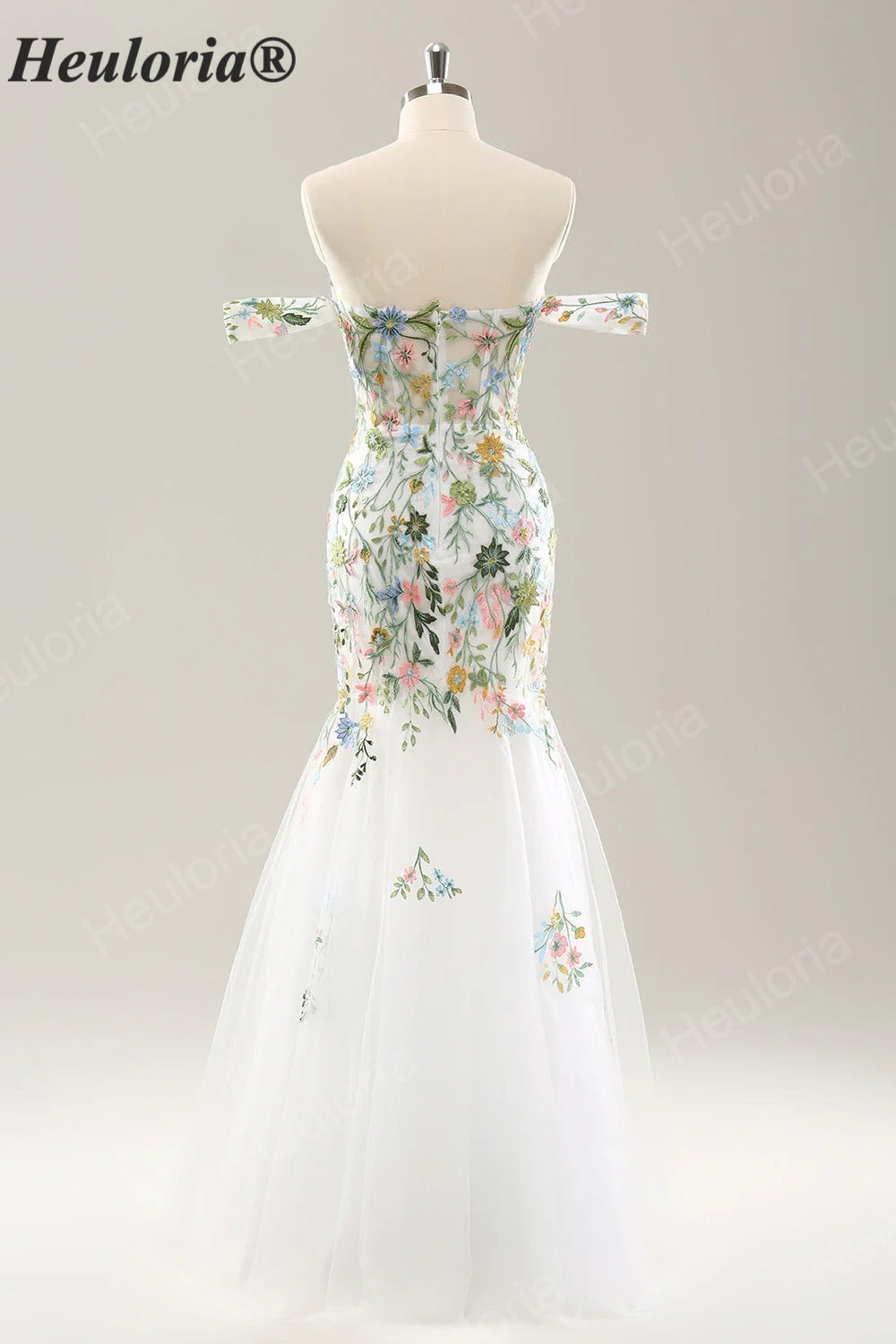 Heuloria Multicolor Floral Embroidered Off-the-Shoulder Tulle Mermaid Evening Dress ED-612
