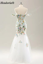 Heuloria Multicolor Floral Embroidered Off-the-Shoulder Tulle Mermaid Evening Dress ED-612