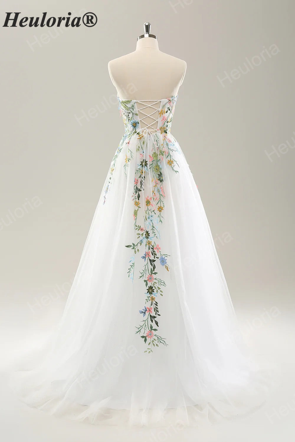 Heuloria Whimsical Colorful Floral Embroidery Strapless Wedding Dress - Romantic Tulle A-Line Bridal Gown with Corset Back ED-650