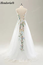 Heuloria Whimsical Colorful Floral Embroidery Strapless Wedding Dress - Romantic Tulle A-Line Bridal Gown with Corset Back ED-650