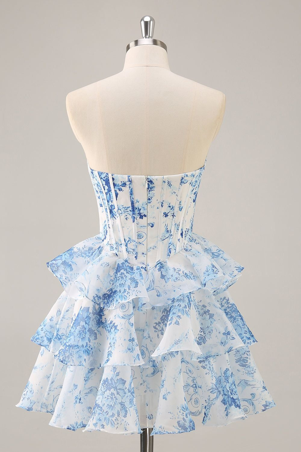 HEULORIA Strapless Sweetheart Floral Corset Mini Dress with Tiered Ruffle Skirt ED-280