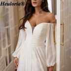 HEULORIA Romantic Off-the-Shoulder Long Sleeve Chiffon Wedding Dress with Ruched Bodice AL-QK154