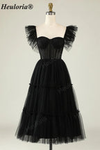 HEULORIA Gothic Romantic Black Tiered Tulle Midi Dress - Sheer Corset Bodice with Butterfly Ruffle Sleeves ED-683