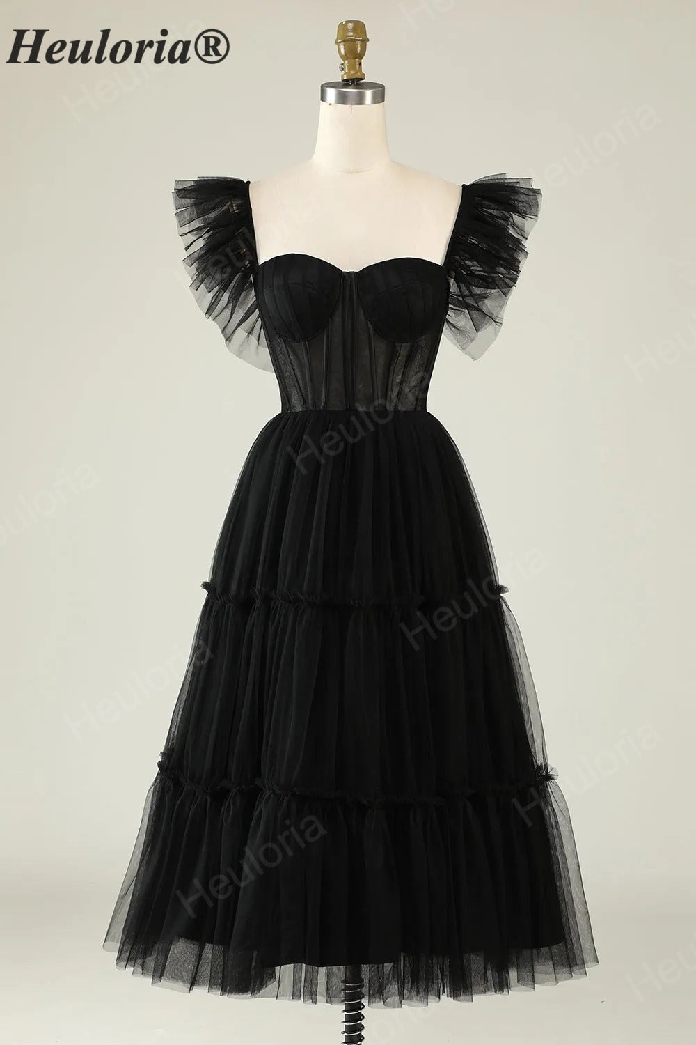 HEULORIA Gothic Romantic Black Tiered Tulle Midi Dress - Sheer Corset Bodice with Butterfly Ruffle Sleeves ED-683